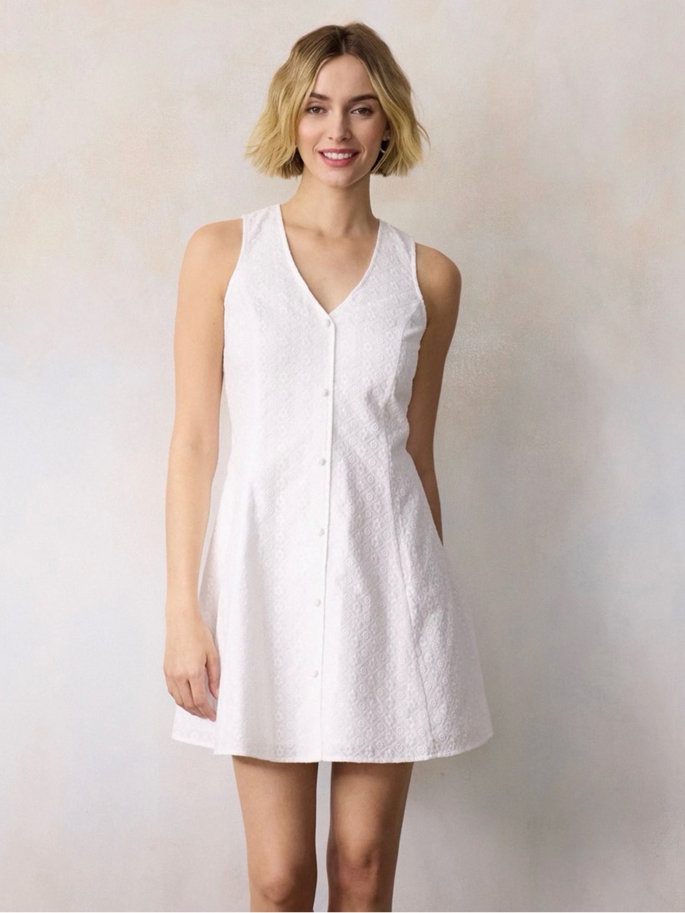 Women’s White Eyelet Summer Dress - Sleeveless V-Neck